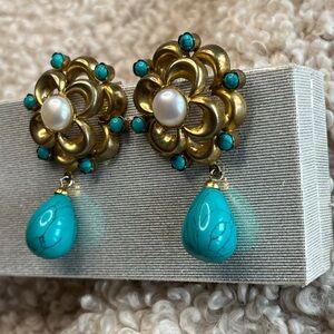 Vintage Estate Flower Gold Pearls Glass Turquoises Drop Dangle 2.25”